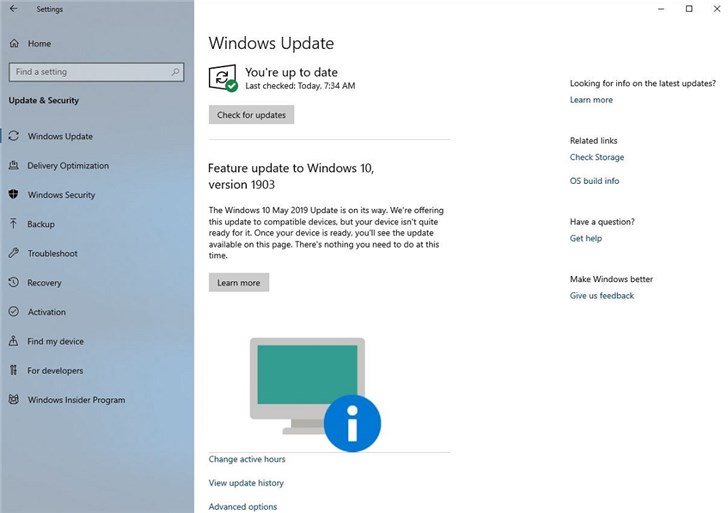 微软推送Windows 10 1903版更新，设备不兼容时会通知提醒
