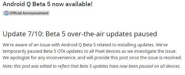 谷歌临时暂停Android Q Beta 5 OTA推送