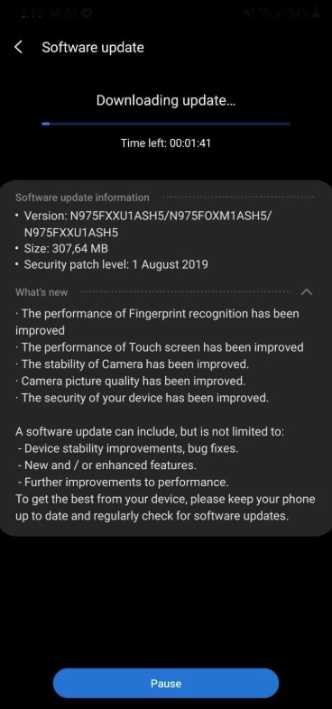 三星Galaxy Note 10获首次系统更新：改进指纹识别+拍照优化