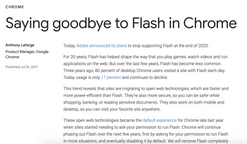 Adobe宣布在2020年彻底停止Flash更新，Web端使用率已减到17%