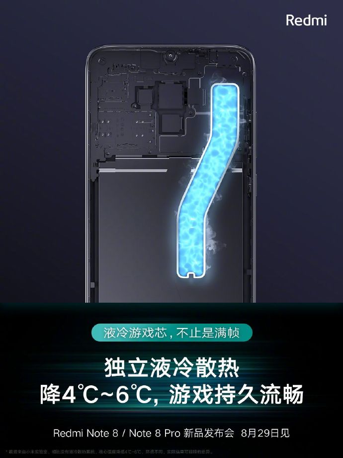 Redmi Note 8 Pro配独立液冷散热，可降温4~6摄氏度