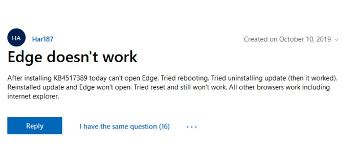微软Win 10补丁KB4517389再度“搞事情”：Edge无法打开，部分用户安装失败