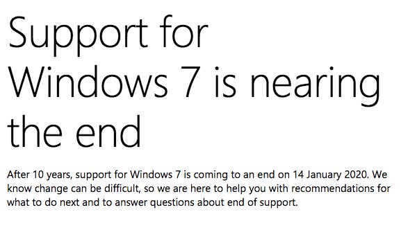 微软向Windows 7用户推送显示“支持终止”通知