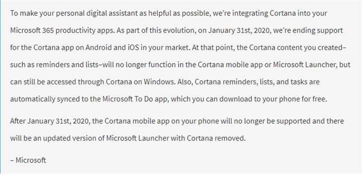 微软确认移除Android、iOS、Microsoft Launcher的Cortana功能
