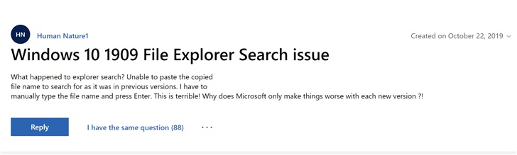 Windows 10更新Bug禁用了文件资源管理器搜索框右键单击