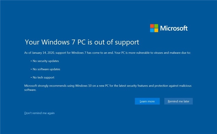 三个“没有”，微软Windows 7全屏警告中文弹窗开始大规模上线
