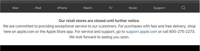 苹果宣布无限期关闭大中华区以外零售店：在线商店继续运营