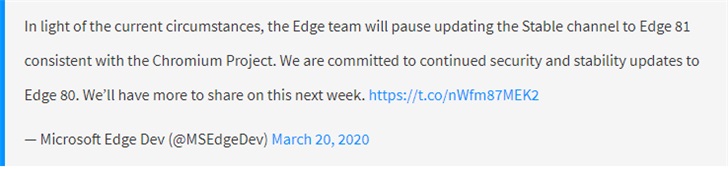 微软暂停 Chromium 版 Edge 版本更新