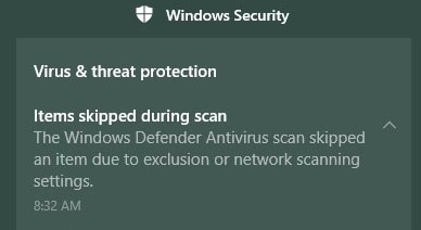 微软 Windows Defender 更新破坏了 Win10 病毒扫描：提示扫描项目被跳过