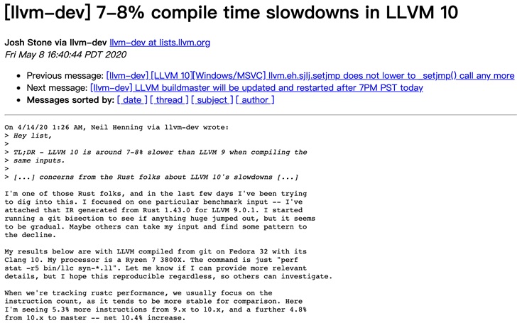 LLVM 10 影响 Rust 性能，导致编译时间变长