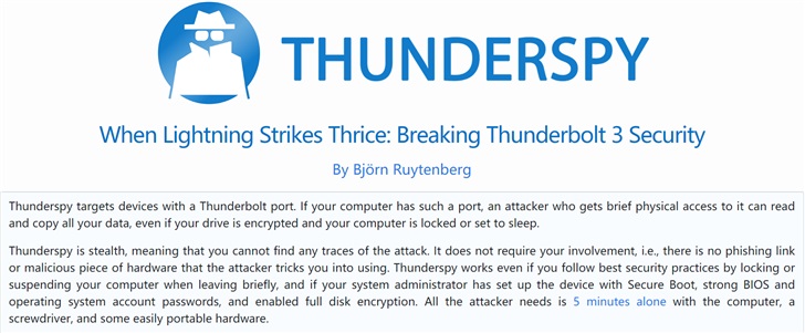 雷电接口存缺陷，2019 年之前生产的任何 PC 都易受到“Thunderspy”攻击