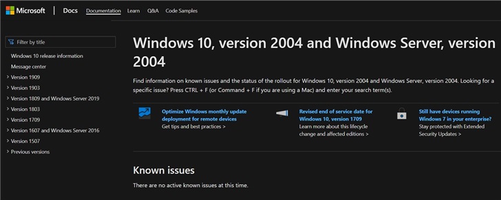 微软 Win10 版本 2004 支持文档页面正式上线