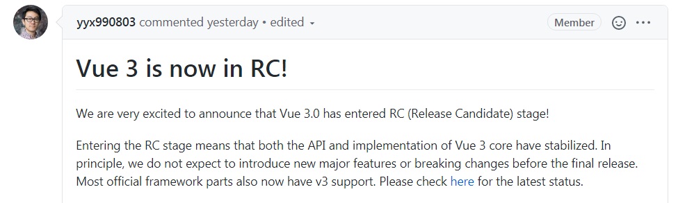 Vue.js 作者宣布 Vue 3 进入 RC 阶段，首个 RC 版本发布！
