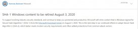 微软下载中心将于 8 月 3 日撤下所有基于 SHA-1 签名的内容
