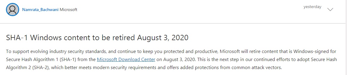 微软下载中心将于 8 月 3 日撤下所有基于 SHA-1 签名的内容