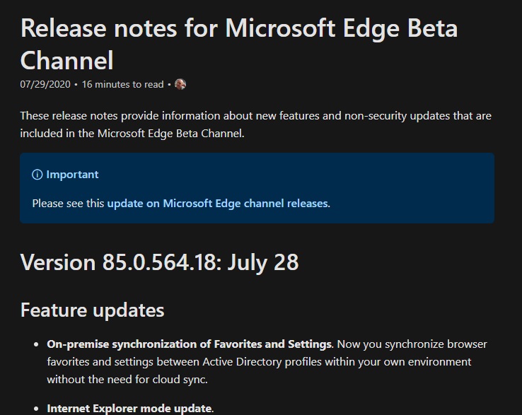 微软 Edge 浏览器 Beta 85.0.564.18 更新：支持本地同步收藏夹、设置