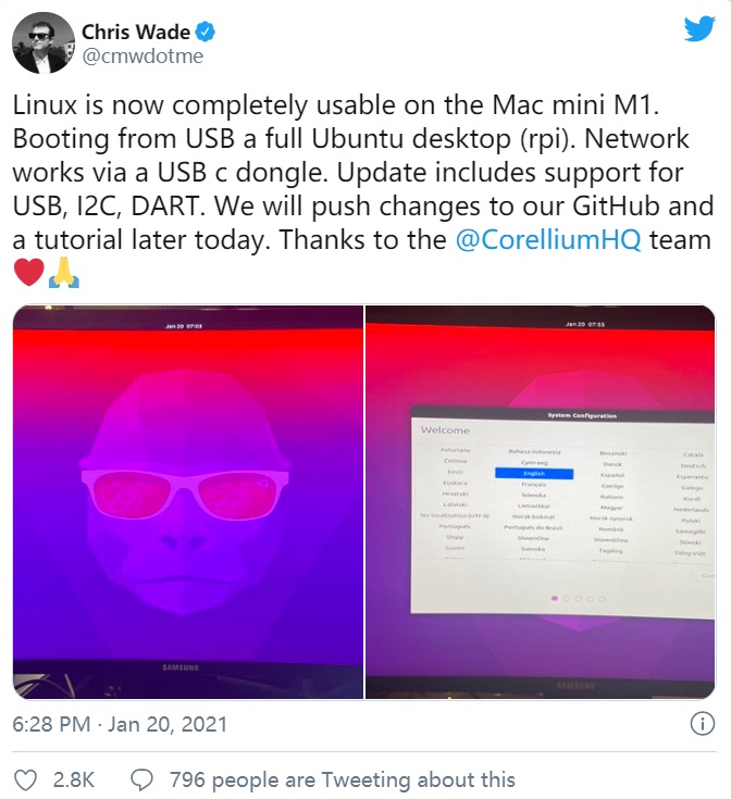 Ubuntu Linux 系统现已支持 M1 Mac 电脑