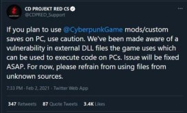《赛博朋克 2077》官方警告：不要安装未知来源的 Mod，否则电脑可能受到攻击