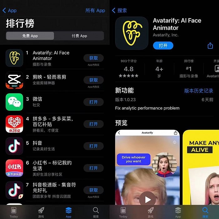 “变脸”软件 Avatarify 超越微信、抖音下载量，登顶苹果 App Store 免费榜