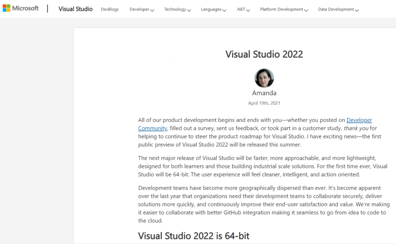 64 位来临：微软 Visual Studio 2022 预览版今夏发布，更多功能一览