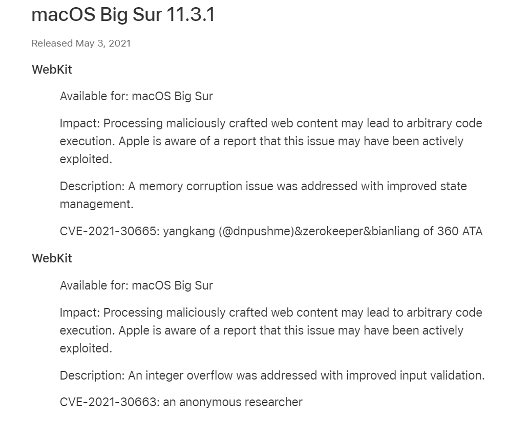 苹果 macOS Big Sur 11.3.1 正式发布，修复 WebKit 漏洞
