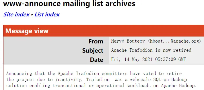 分布式 SQL 引擎 Apache Trafodion 宣布退役