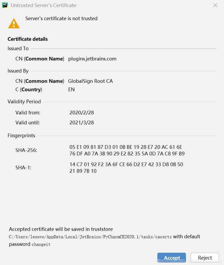 pycharm 如何跳出服务器证书不受信任的提示