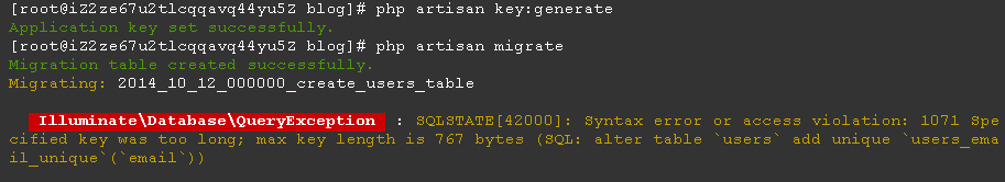 解决Laravel5.x的php artisan migrate数据库迁移创建操作报错SQLSTATE[42000]