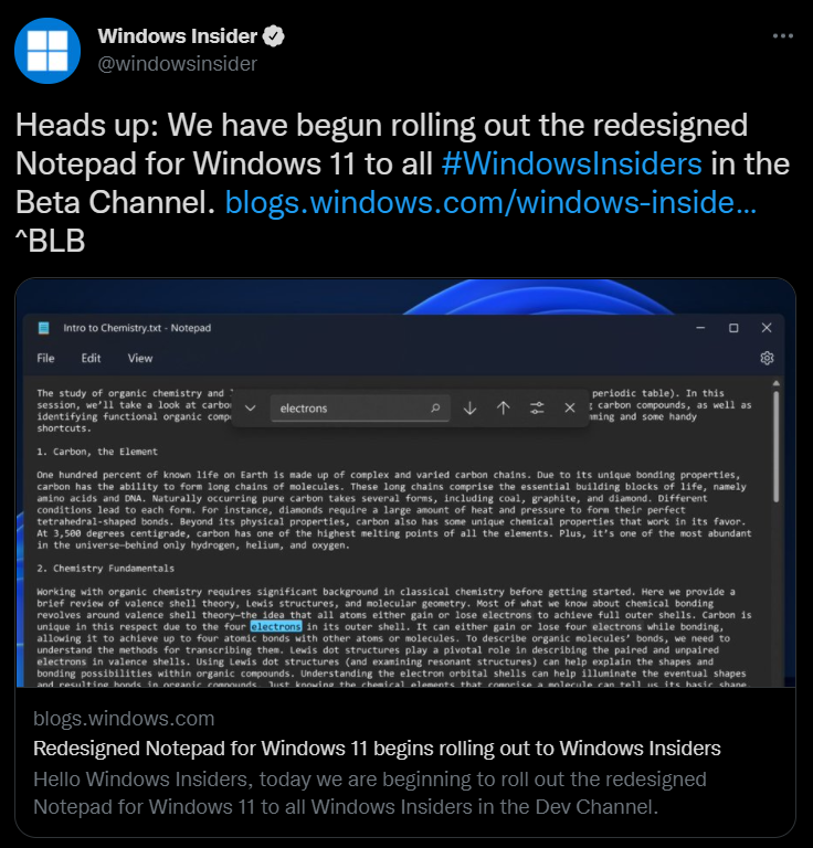 微软 Windows 11 全新记事本已向 Beta 预览版用户推送：圆角云母UI 现代设计，黑暗模式