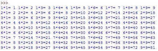 Python不同格式打印九九乘法表示例
